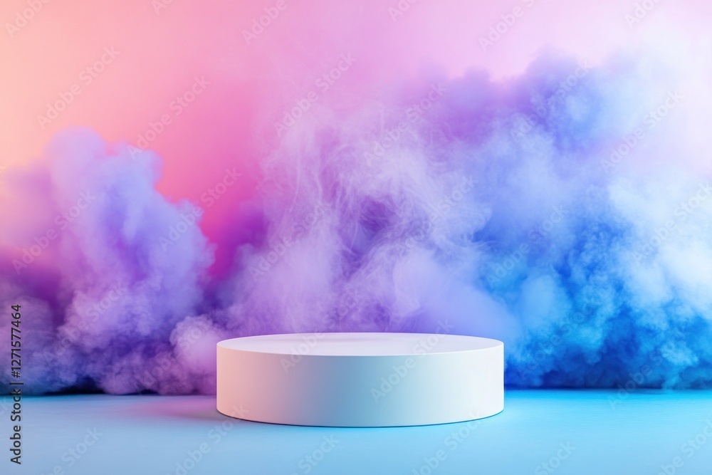 Poster a round podium is enveloped by vibrant colorful smoke creating an eye-catching backdrop ideal for ev