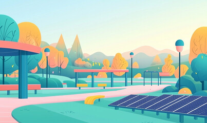 A vibrant park scene with benches, trees, and solar panels under a pastel sky, showcasing a blend of nature and sustainability.