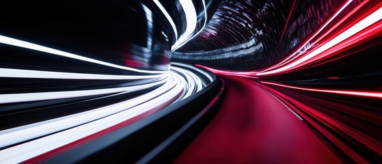 Abstract Light Trails in Modern Tunnel with Red and White Stripes for Backgrounds, Digital Art, and Motion Graphics