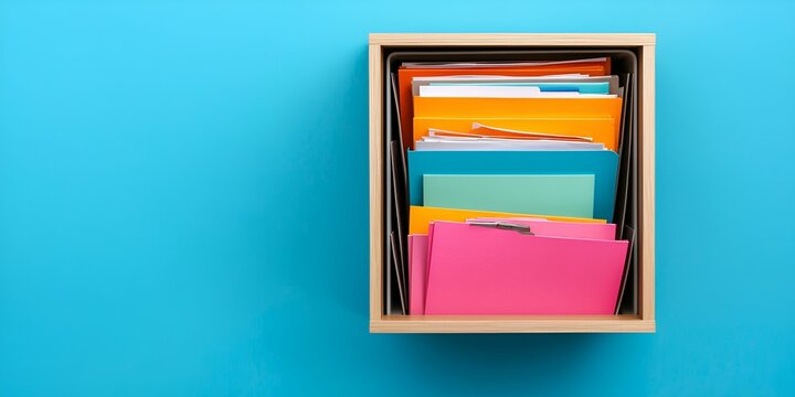 Decluttering tips concept. Colorful paper files neatly organized in a wooden box on a bright blue background.