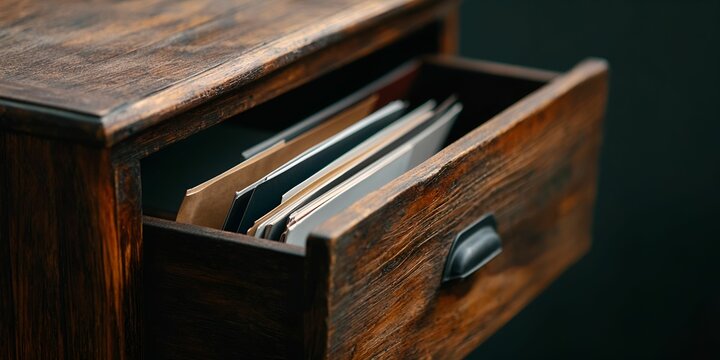 Decluttering tips concept. Wooden drawer partially open with documents inside, showcasing rustic design.