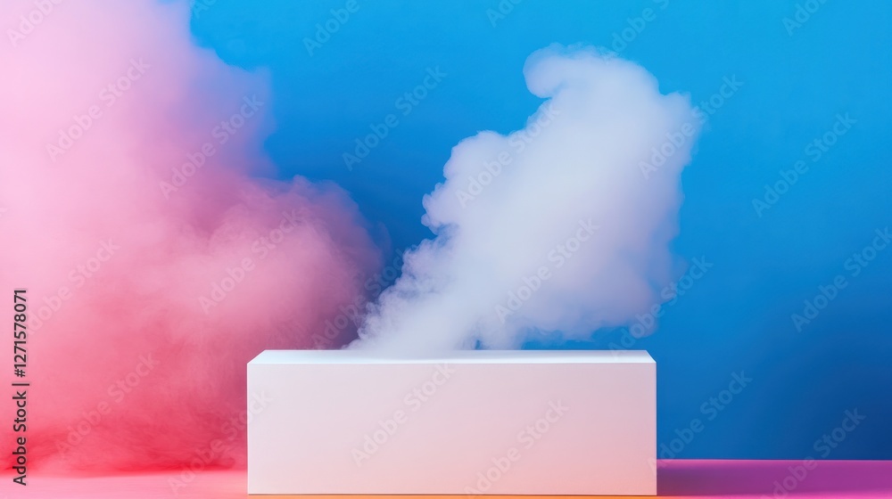 Poster a podium is enveloped in vibrant colored steam against a bright backdrop creating a dynamic setting 