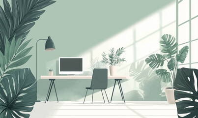 A modern workspace with a computer, chair, and plants, bathed in natural light from large windows and adorned with green walls.