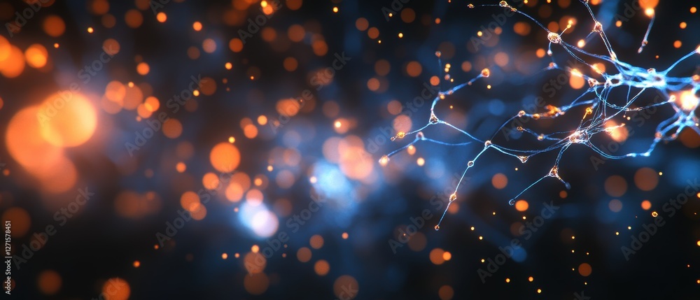 Poster abstract technology background with glowing particles and neural connections for science, innovation