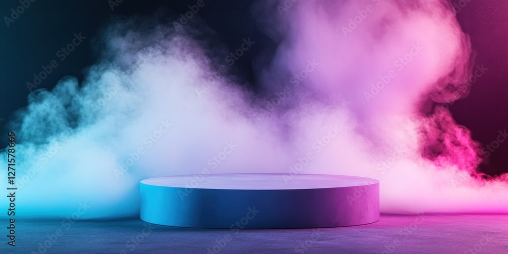 Poster a circular podium illuminated by vibrant rainbow-colored steam surrounds the structure creating an e