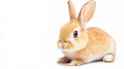 Cute fluffy rabbit sitting on a white background, showcasing its soft fur and playful demeanor