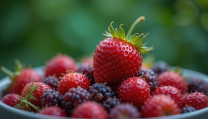 Fresh Strawberries and Blackberries in a Bowl Surrounded by Lush Greenery for Healthy Eating and Delicious Desserts