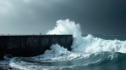 Obraz premium Ocean Waves Crashing Against a Coastal Wall in Dramatic Scene