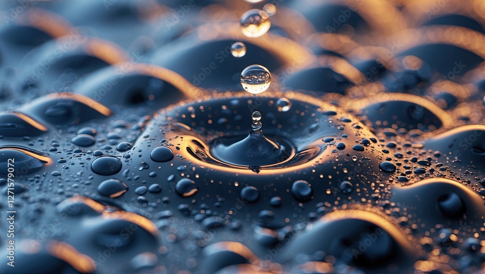 Poster close-up of water droplets creating ripples on a smooth surface with warm lighting, emphasizing text