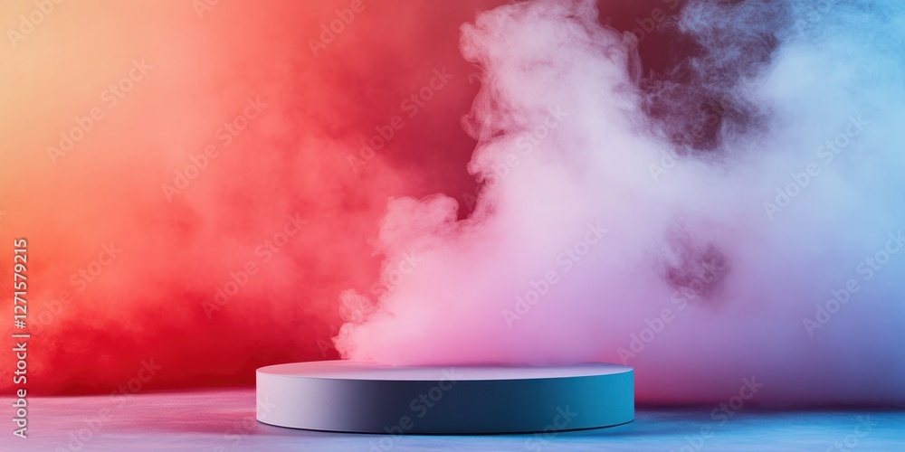 Poster a round podium is surrounded by swirling red steam creating a captivating atmosphere. this unique se