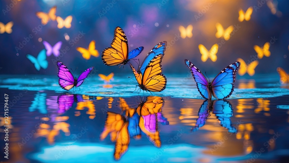 Poster a mesmerizing display of colorful butterflies fluttering above a reflective water surface, surrounde