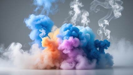 Colorful smoke clouds in shades of blue, orange, and purple swirling in a dynamic display against a neutral background