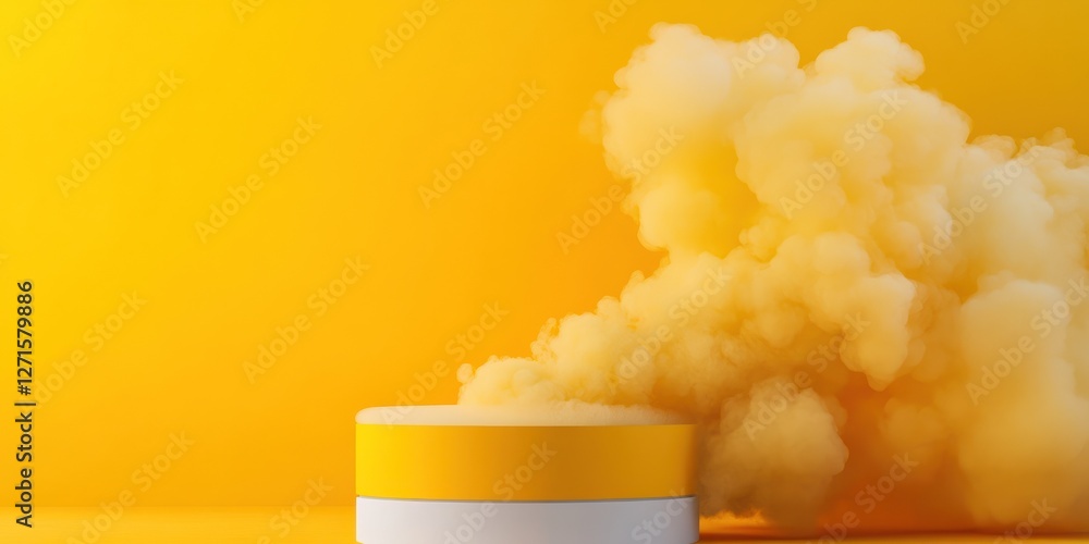 Poster a vibrant podium is enveloped in yellow smoke creating a dynamic environment suitable for presentati