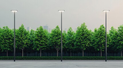 Obraz premium Smart city with trees growing from futuristic light poles, an ecotech urban vision