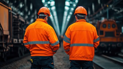 portrait of two standing men in a orange working outfit, looking away to the camera, with helmet, back view of the worker and in front of them is a railway.
