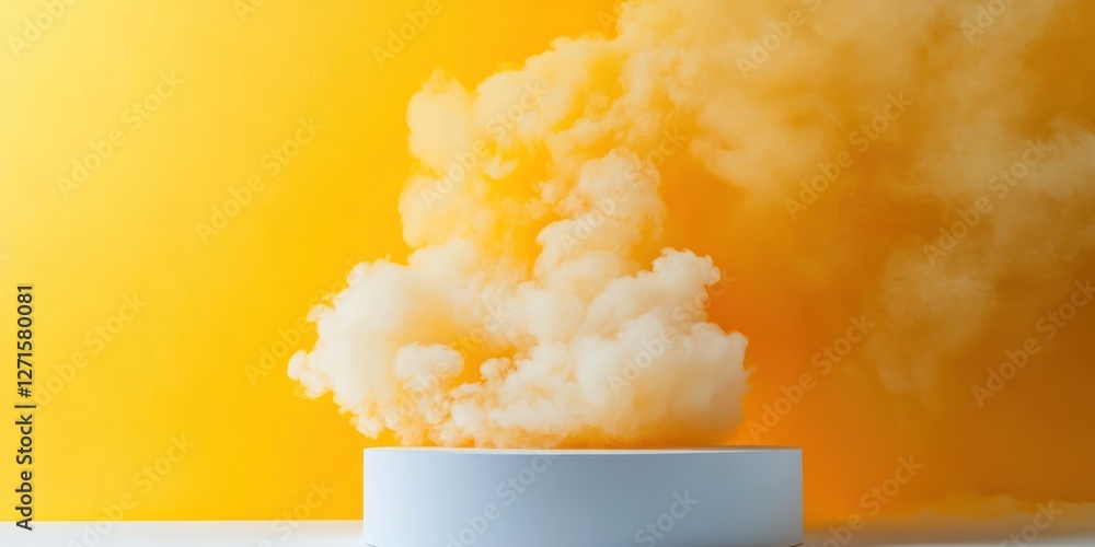 Poster a podium is enveloped in vibrant yellow smoke creating a dynamic and engaging atmosphere. this setup