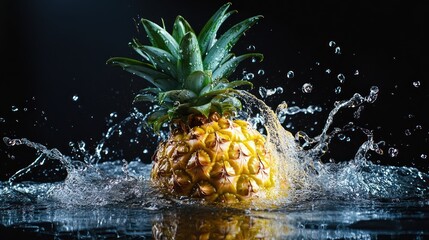 Pinneaple splash water on a black background