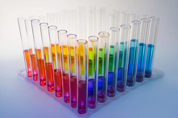Colorful arrangement of test tubes filled with various liquids in a laboratory setting