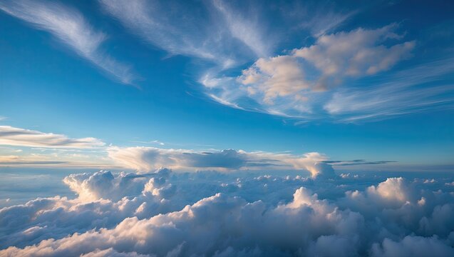 A breathtaking view of dramatic clouds illuminated by soft sunlight, creating a serene atmosphere in the vast blue sky - Powered by Adobe