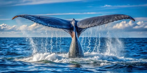 Obraz premium Majestic Whale Tail Breaks the Surface, Creating a Spectacular Water Ballet of Ocean Spray and Blue Water