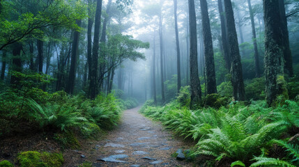 Obraz premium A misty forest path surrounded by lush green ferns and towering trees, creating a serene atmosphere —ar 16:9 