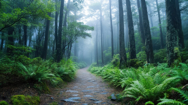 A misty forest path surrounded by lush green ferns and towering trees, creating a serene atmosphere —ar 16:9 