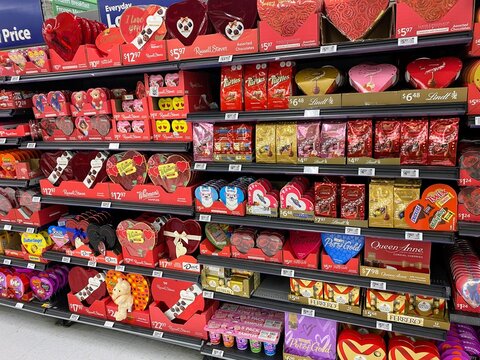 A wall of valentines day treats for sale for Valentine's Day at a store in Palm Springs, California, United States.