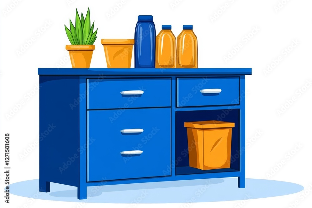 Poster A flat, modern design of a store shelf with neatly arranged merchandise items