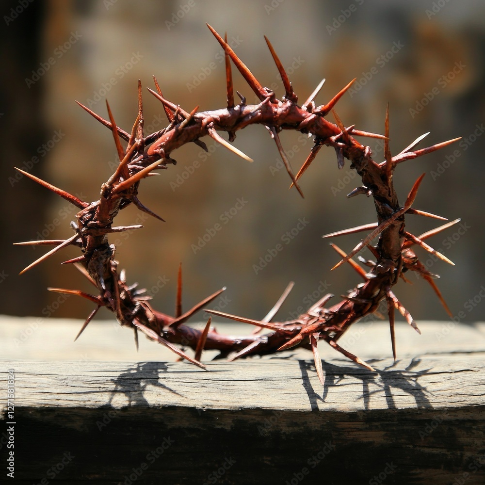 Poster a meticulously crafted crown of thorns rests on a rustic wooden surface. the sunlight filters throug
