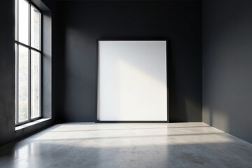 Modern minimalist interior design featuring a large blank canvas in a dark room with a window