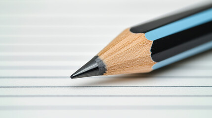 Close-up view of a pencil writing on lined paper showcasing the graphite tip and texture