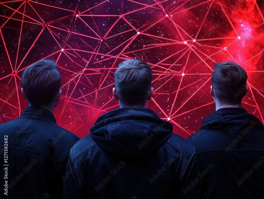Poster three individuals observe a vibrant network of red lines and stars, suggesting a technological or co