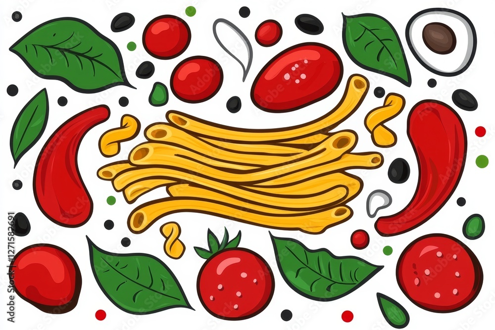 Poster a geometric representation of pasta and sauce, using clean lines and simple colors