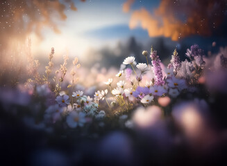 Serene wildflower field with soft focus and pastel colors. Golden light filters through trees, creating a dreamy and peaceful atmosphere.