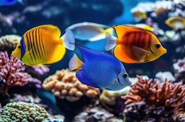 Obraz premium Colorful tropical fish swimming in coral reefs at an aquarium.