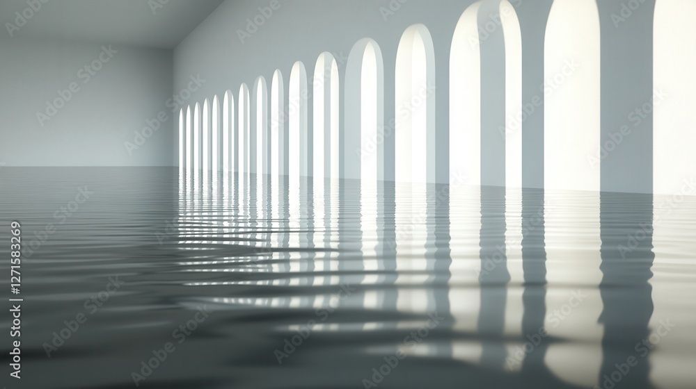 Poster a vast, serene space with arched windows reflected in still water, creating a tranquil and minimalis