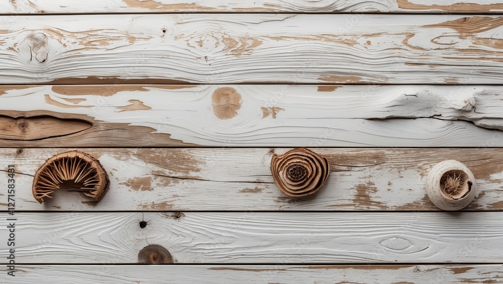 Aufkleber natural wooden sculptures arranged on a rustic whitewashed table, showcasing intricate patterns and 
