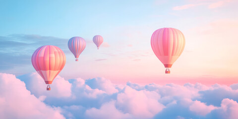 Fototapeta premium Serene sunrise with colorful hot air balloons floating above clouds in peaceful sky dreamy atmospheric landscape