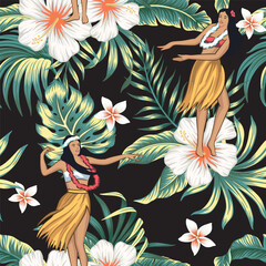 Hawaiian girls, white hibiscus flower, tropical palm leaves seamless pattern black background. Jungle wallpaper.