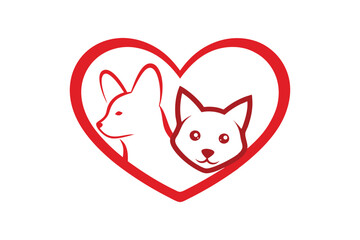 Cat and Dog in Heart Vector Line Art Design