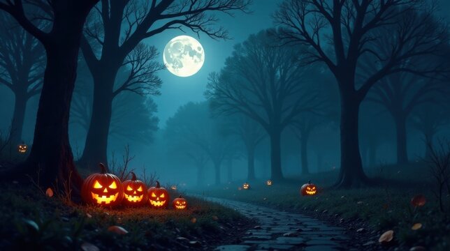 Enchanted autumnal path with glowing jack-o'-lanterns under a mystical full moon in a shadowy forest