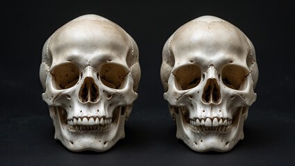 Obraz premium A realistic close-up of two human skulls facing each other on a dark background, highlighting their intricate structures and textures