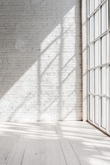 Obraz premium Bright airy room with white brick wall and large windows creating natural light and shadows for interior design inspiration and photography backgrounds.