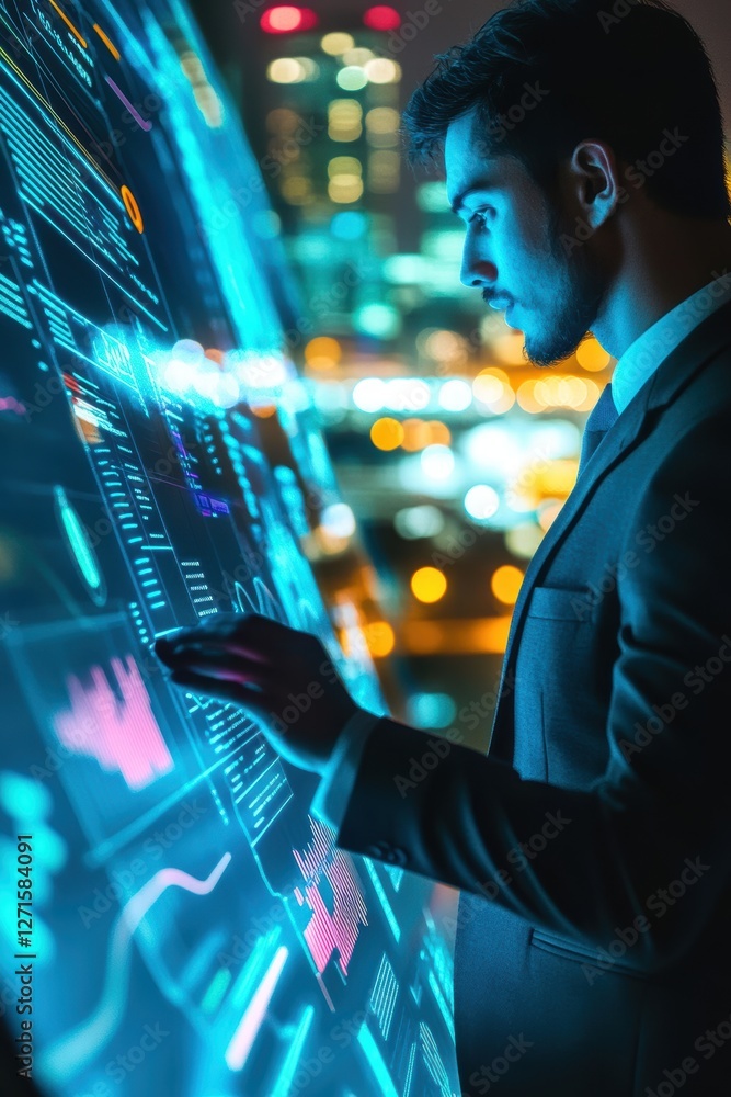 Poster business analyst working on digital data analytics display at night, financial technology concepts, 