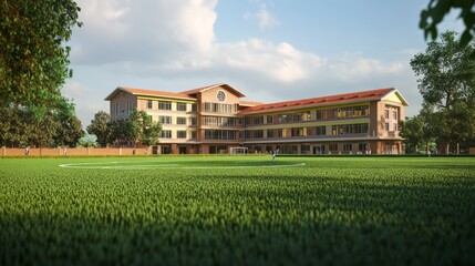Stunning Architectural Design of a Modern School Campus with Lush Green Grass Field