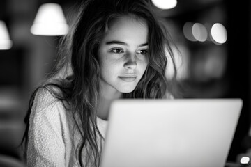 A young woman focuses intently on her laptop, capturing the essence of creativity and modern interaction in a world where technology drives human connection and innovation.