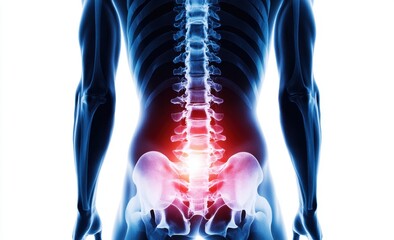 3D Medical Illustration of Human Spine with Glowing Pain Highlight in Lower Back and Pelvis