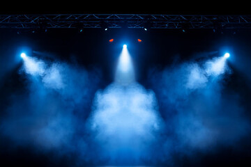 Illuminated stage with scenic blue lights and smoke. Royalty high-quality free best stock image of abstract empty stage with colorful spotlights, display or montage your products 