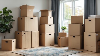 A cozy room featuring stacked cardboard boxes against a bright window, with a small plant on the floor and a patterned rug