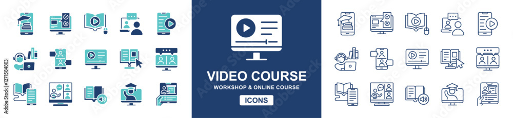 Aufkleber education learning video conference icon set online workshop lecture course digital seminar classroom discussion presentation read and learn book signs vector line illustration